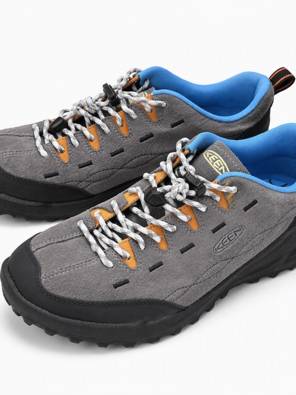 Keen Men's Gray Suede Trail Shoes with Blue Lining and Orange Accents